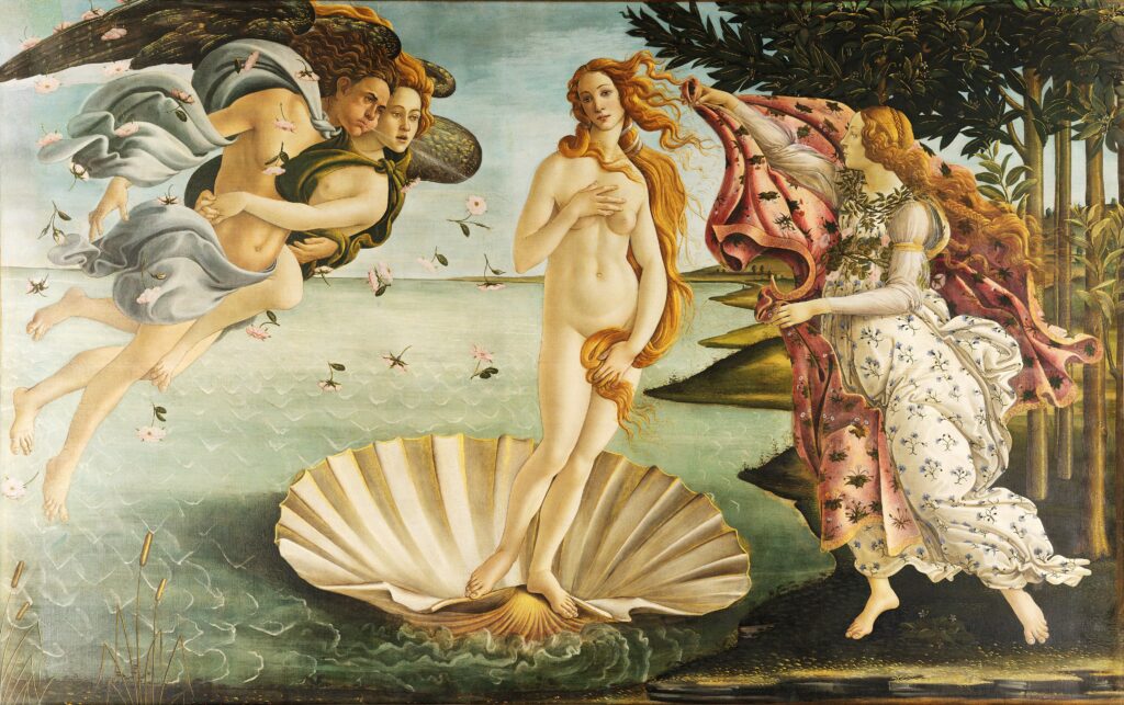 Sandro Botticelli, Die Geburt der Venus, ca. 1485, Uffizien, Florenz, Public Domain