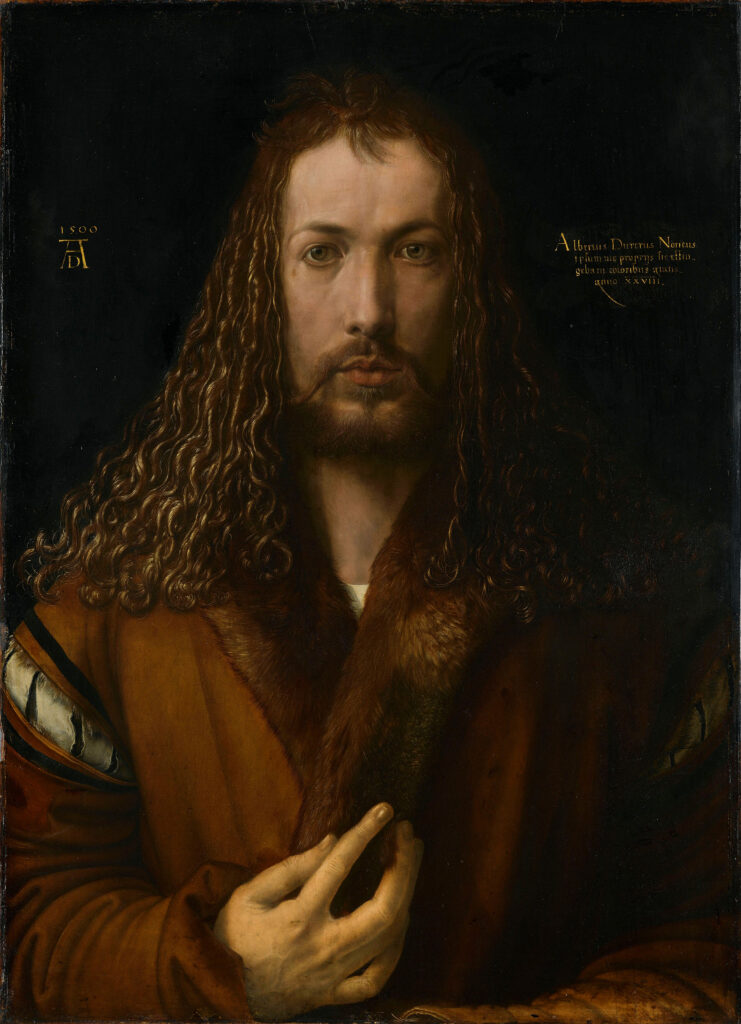 Albrecht Dürer, Selbstbildnis im Pelzrock, 1500, frontal gemaltes Selbstporträt.