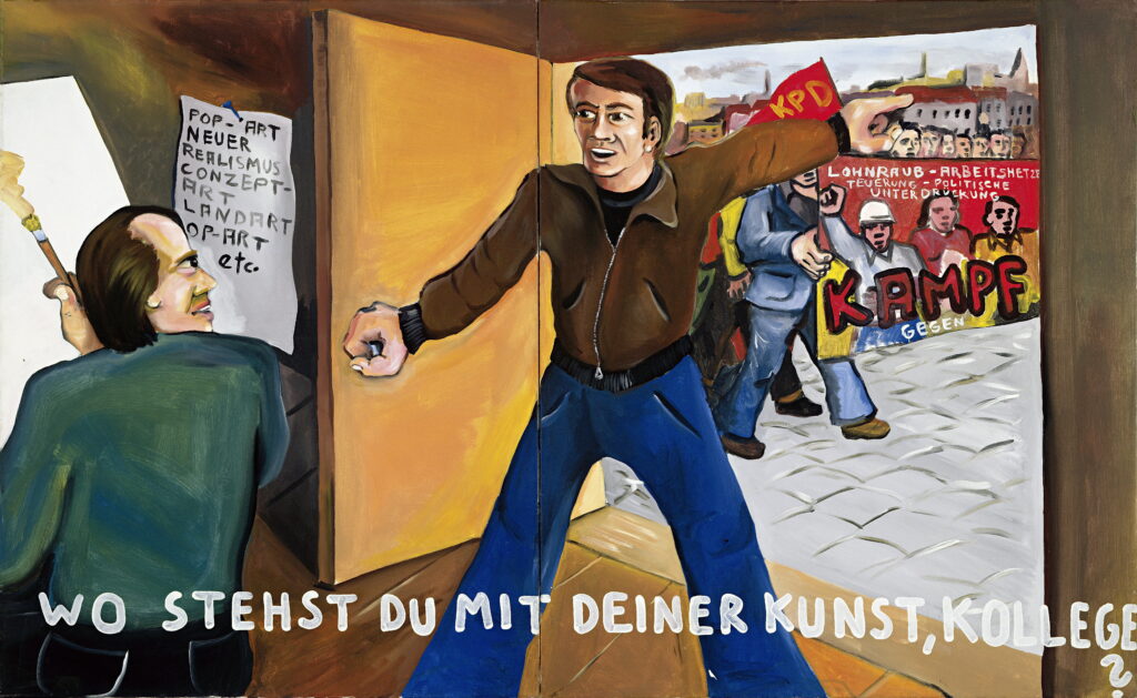 Jörg Immendorff, Wo stehst Du mit Deiner Kunst, Kollege?, 1973, Acryl auf Leinwand, 2-teilig, je 130 × 210 cm, Musée d’Art Moderne de la Ville de Paris, Foto: Farbanalyse, © Nachlass Jörg Immendorff. Quelle: Pressebereich Kunstpalast Düsseldorf.