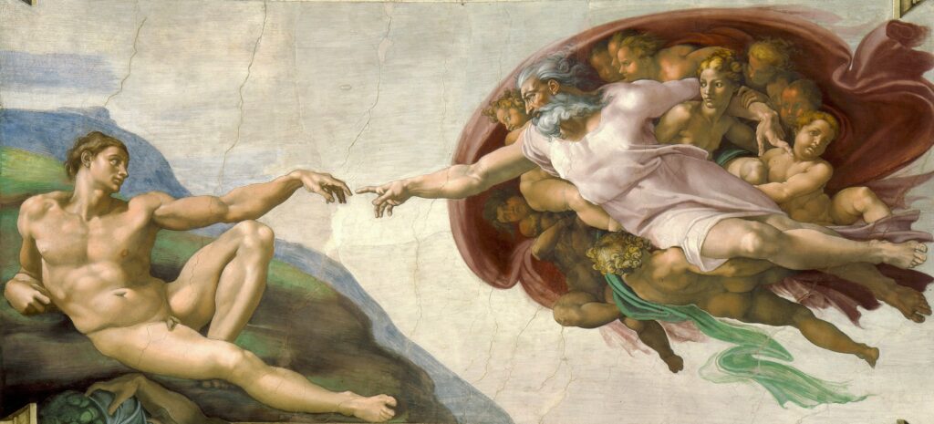Michelangelo, Die Erschaffung Adams, Ausschnitt des Deckenfreskos der Sixtinischen Kapelle