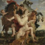 Zwei Männer entführen zwei Frauen zwischen einem braunen Pferd und einem Schimmel; links hält ein geflügelter Putto den Zügel.