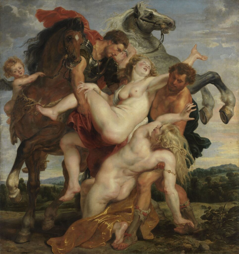 Zwei Männer entführen zwei Frauen zwischen einem braunen Pferd und einem Schimmel; links hält ein geflügelter Putto den Zügel.